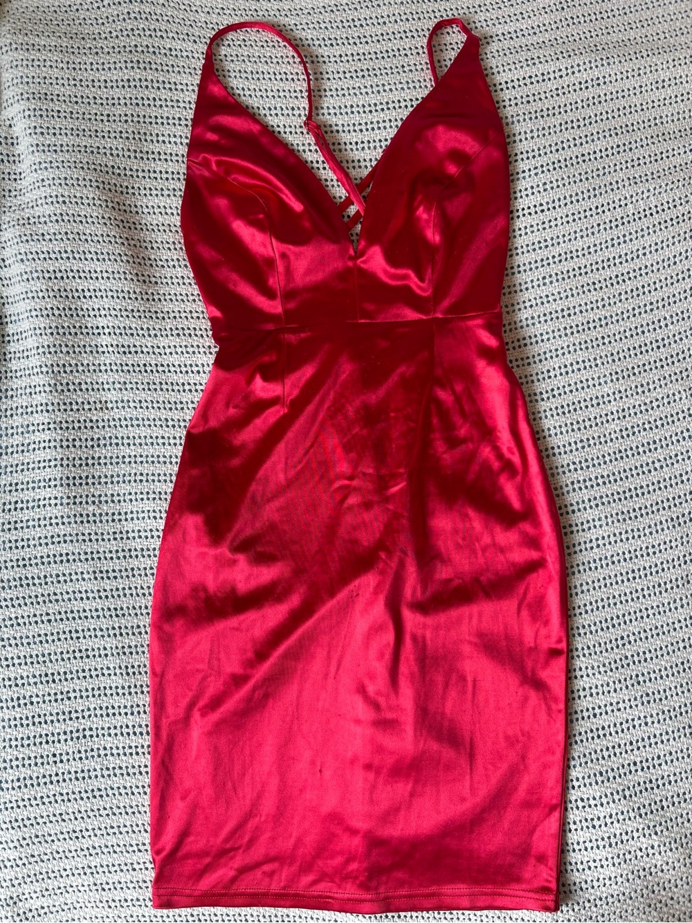 Red Satin V-Neck Bodycon Dress